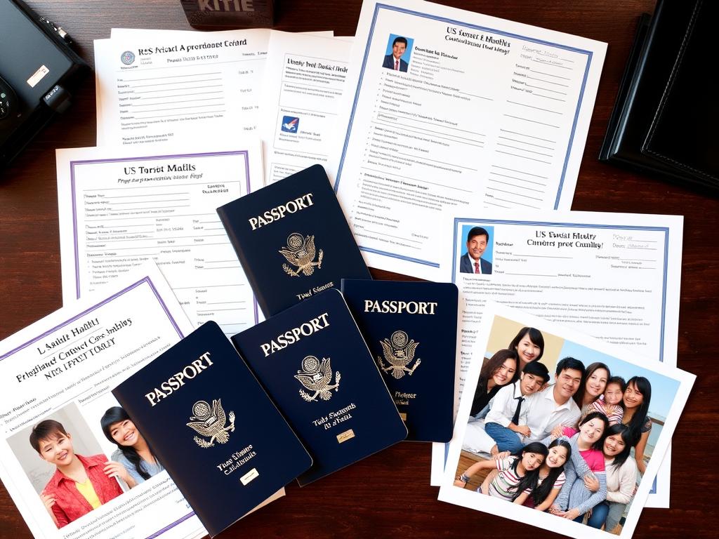 Documentos-necessarios-para-o-Visto-Americano-de-Turista-para-familias-organizados-em-uma-mesa Visto Americano de Turista para famílias. Guia Completo + Assessoria Especializada 