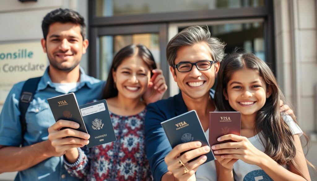 Familia-brasileira-comemorando-aprovacao-do-Visto-Americano-de-Turista-para-familias-1024x585 Visto Americano de Turista para famílias. Guia Completo + Assessoria Especializada 